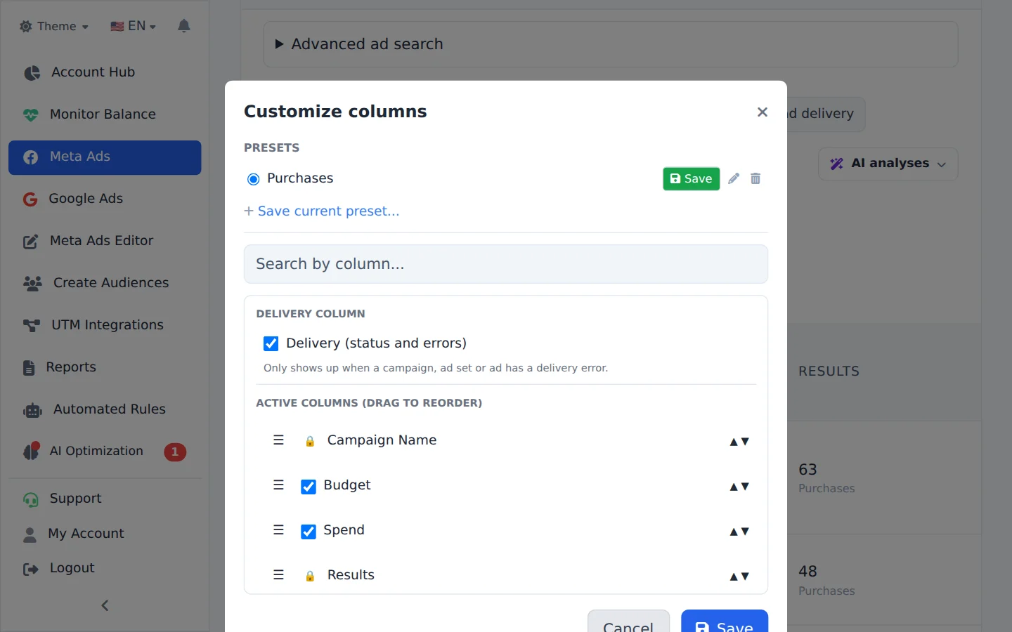 Open Customize columns