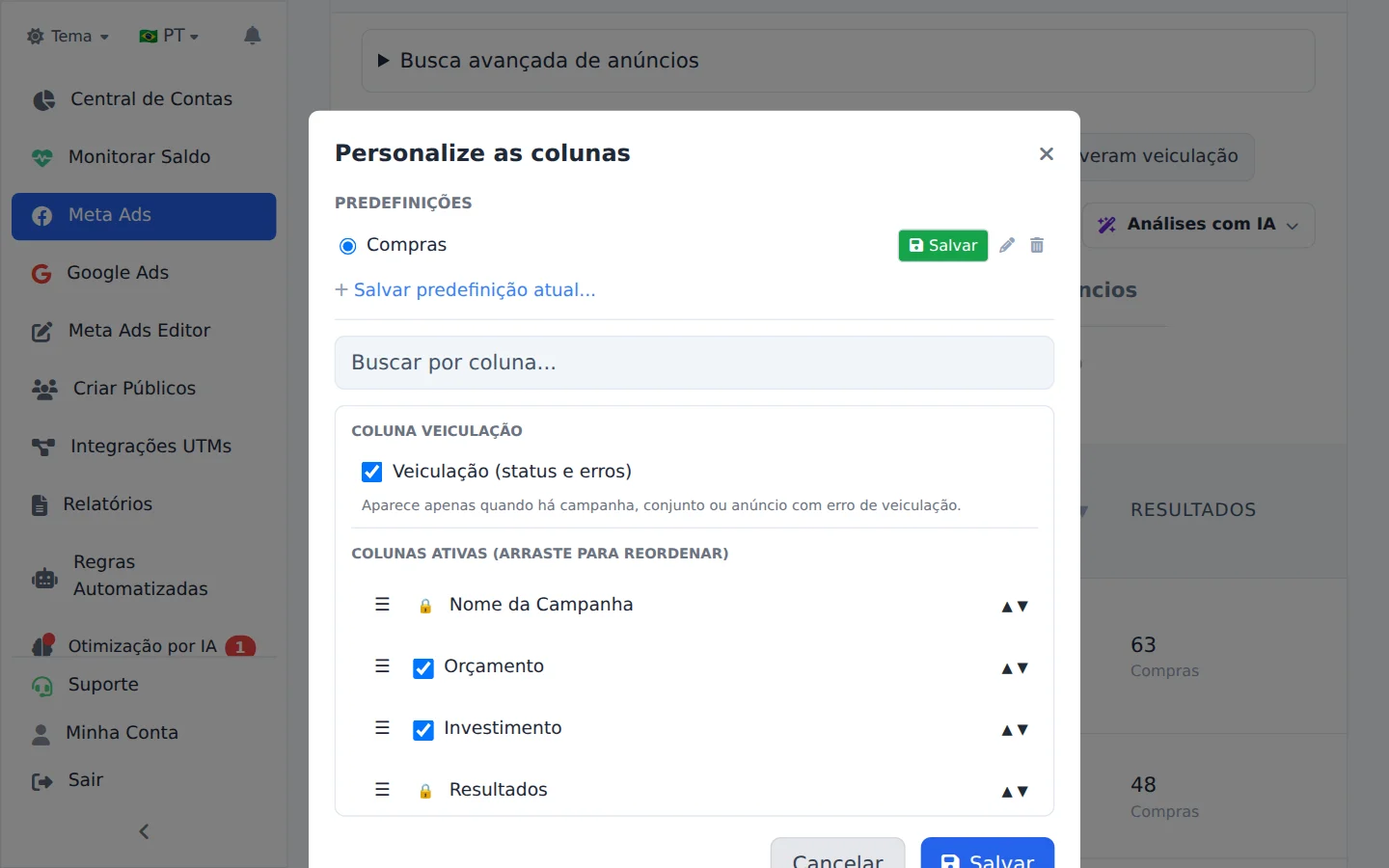 Abra Personalizar colunas