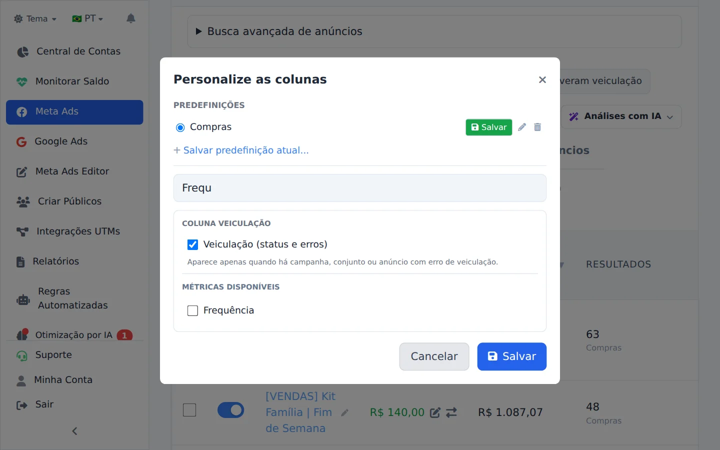 Ligue as colunas que quer ver