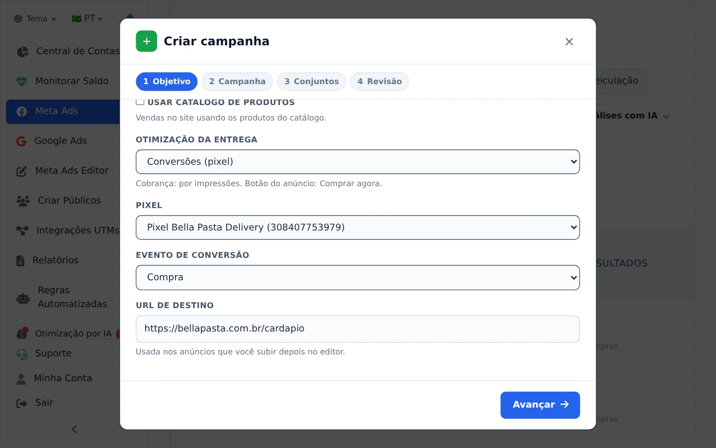 Escolha objetivo e destino
