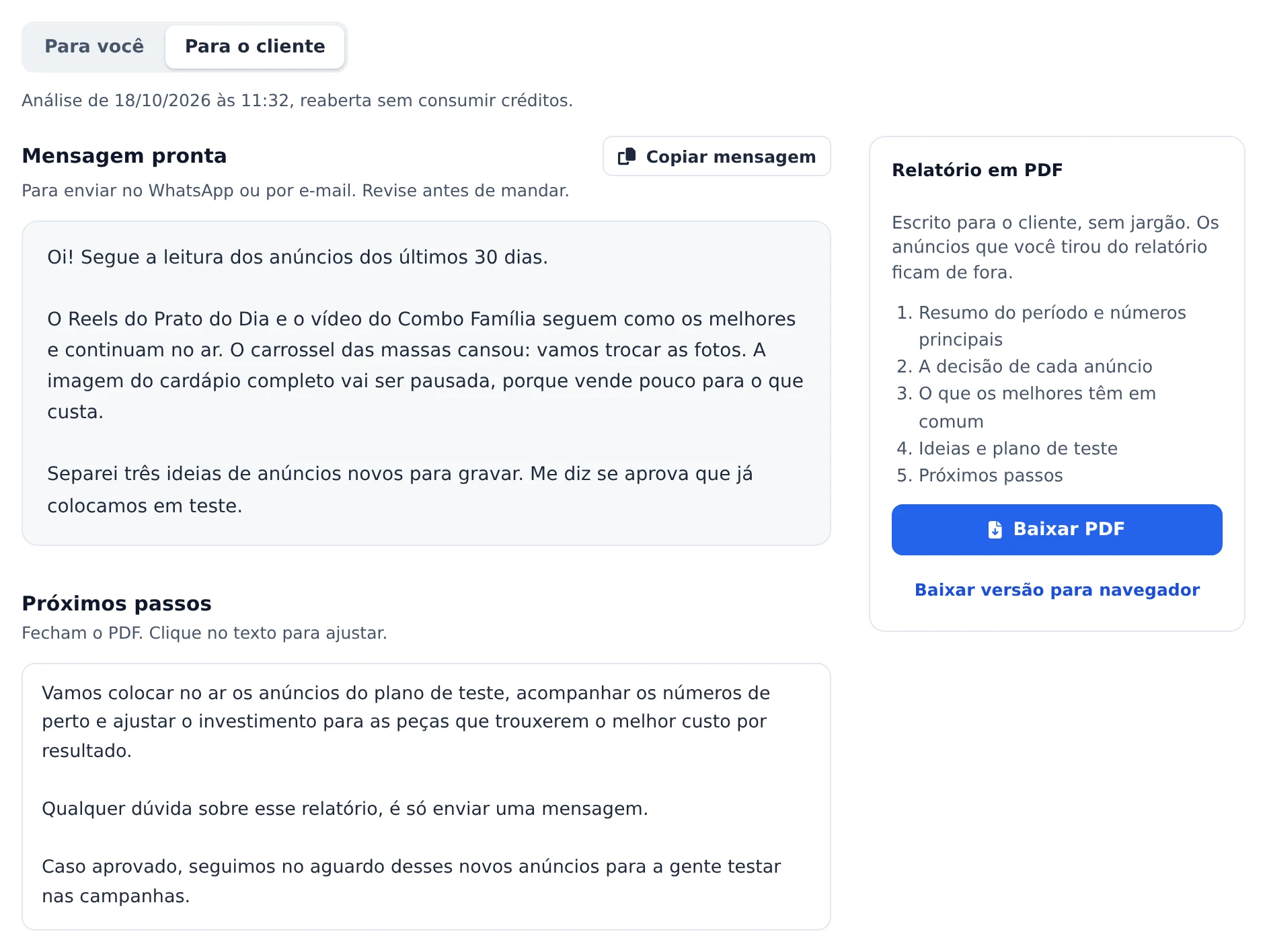Mande para o cliente
