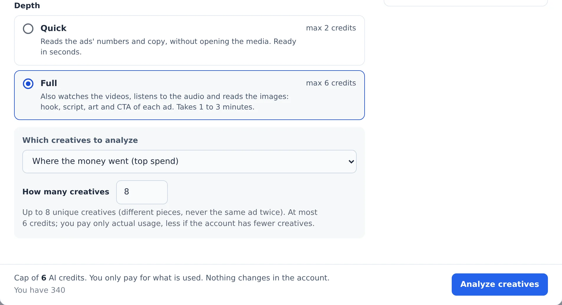 On Full, choose which creatives and check the cost