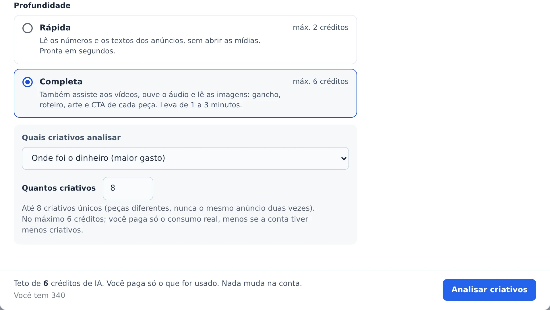 Na Completa, escolha quais criativos e confira o custo