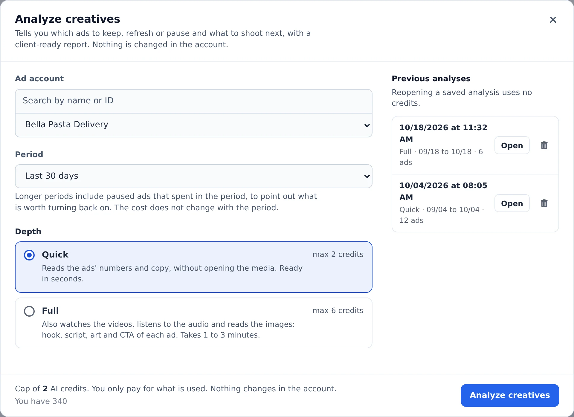 Choose the account, period and depth