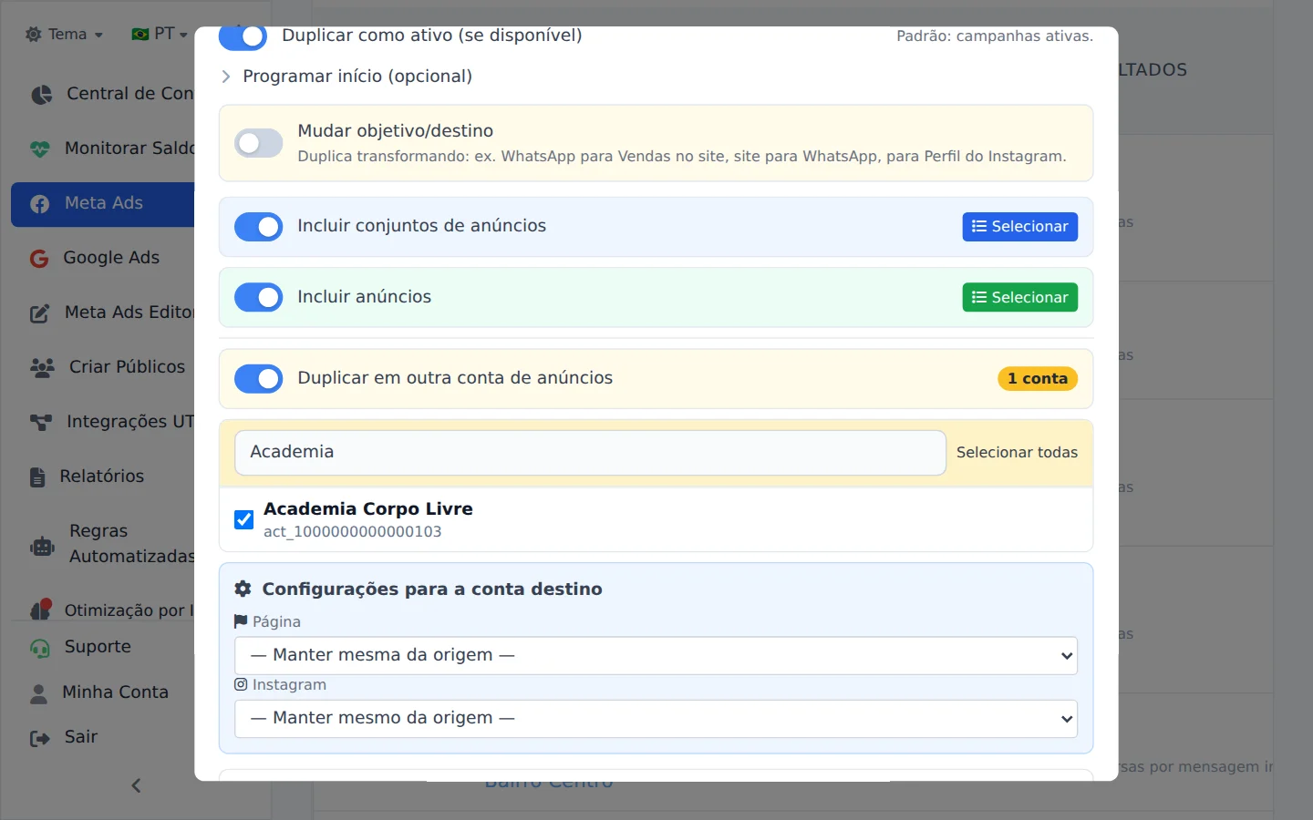 Escolha a conta de destino