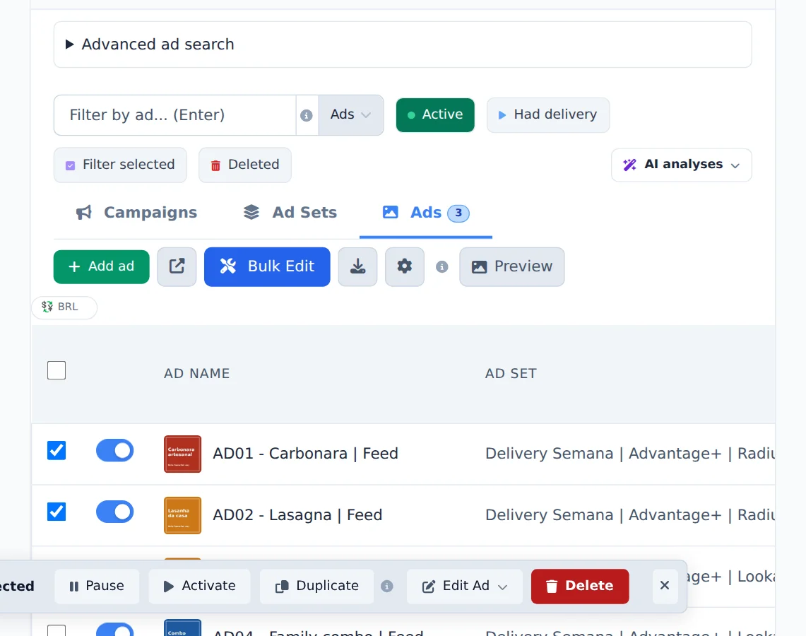 Select the ads