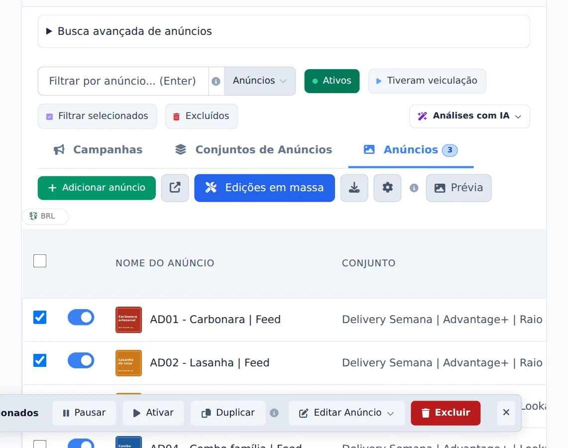 Selecione os anúncios