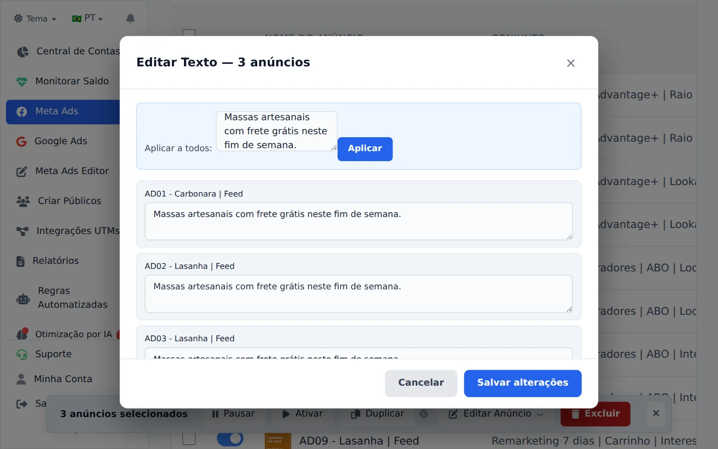 Troque o texto de todos