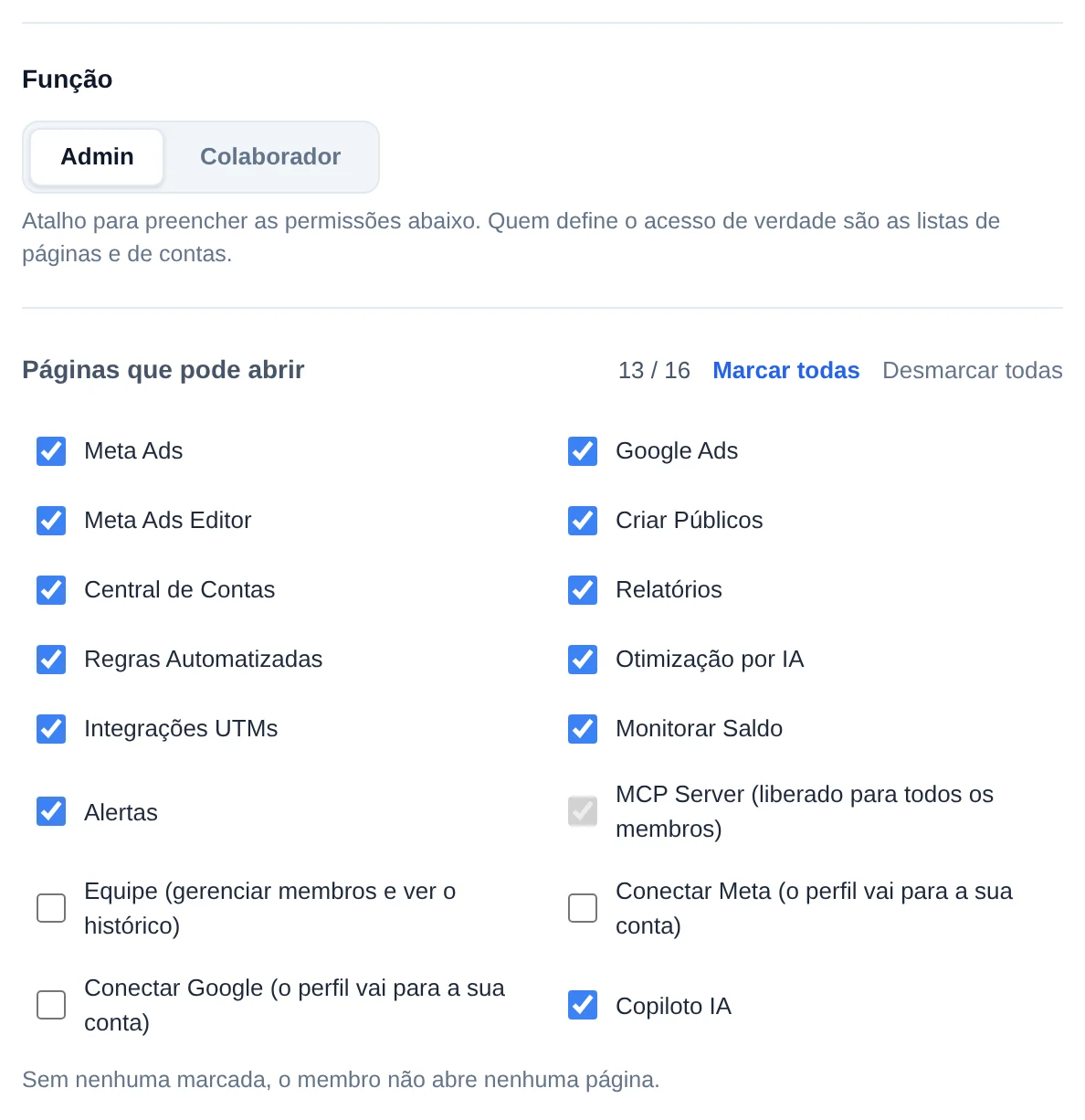 Escolha a função e as páginas