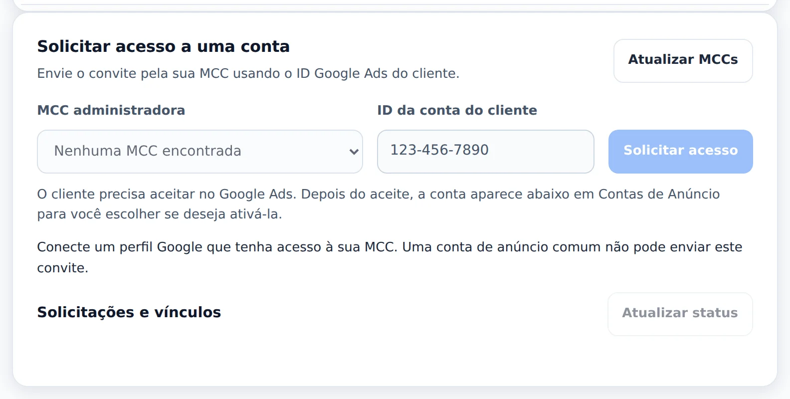 Peça acesso a uma conta
