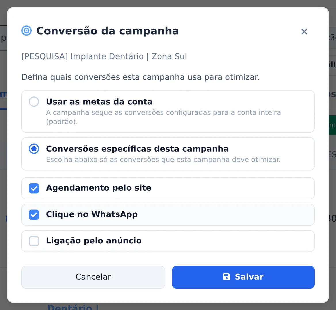 Escolha as conversões