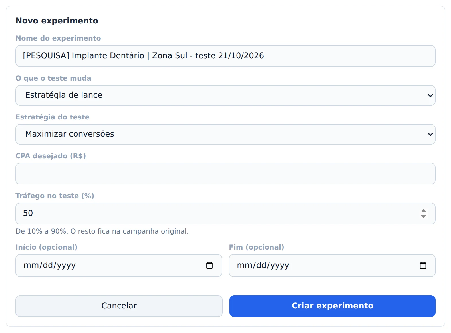 Crie o experimento