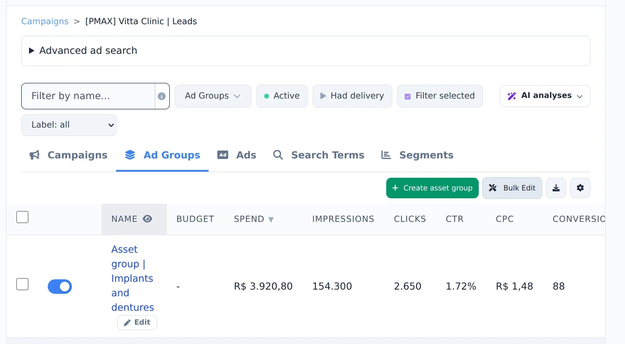 Open the asset group
