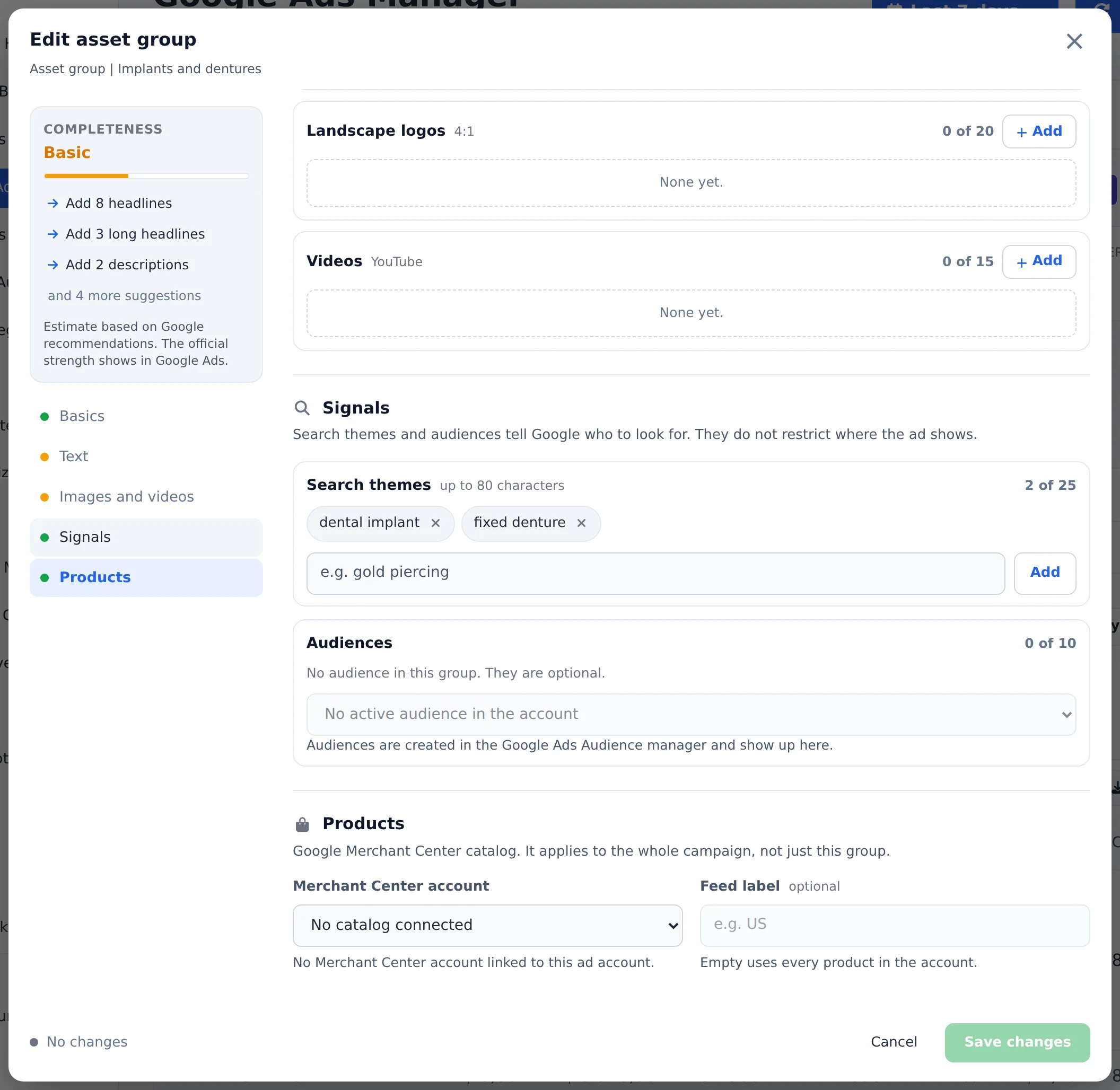 Search themes, audiences and products