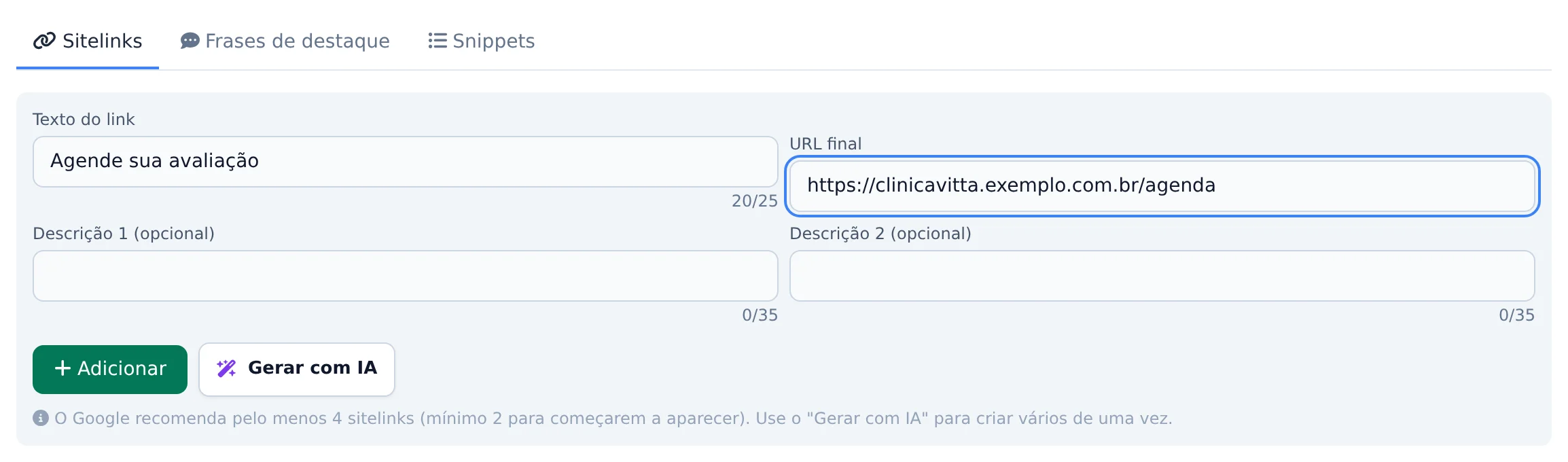 Crie o sitelink
