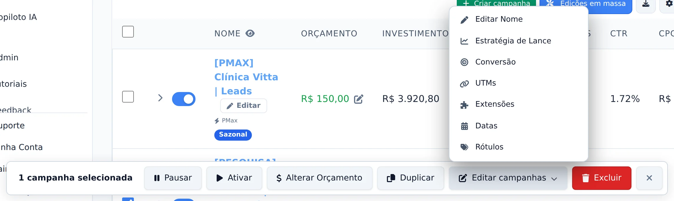 Selecione as campanhas
