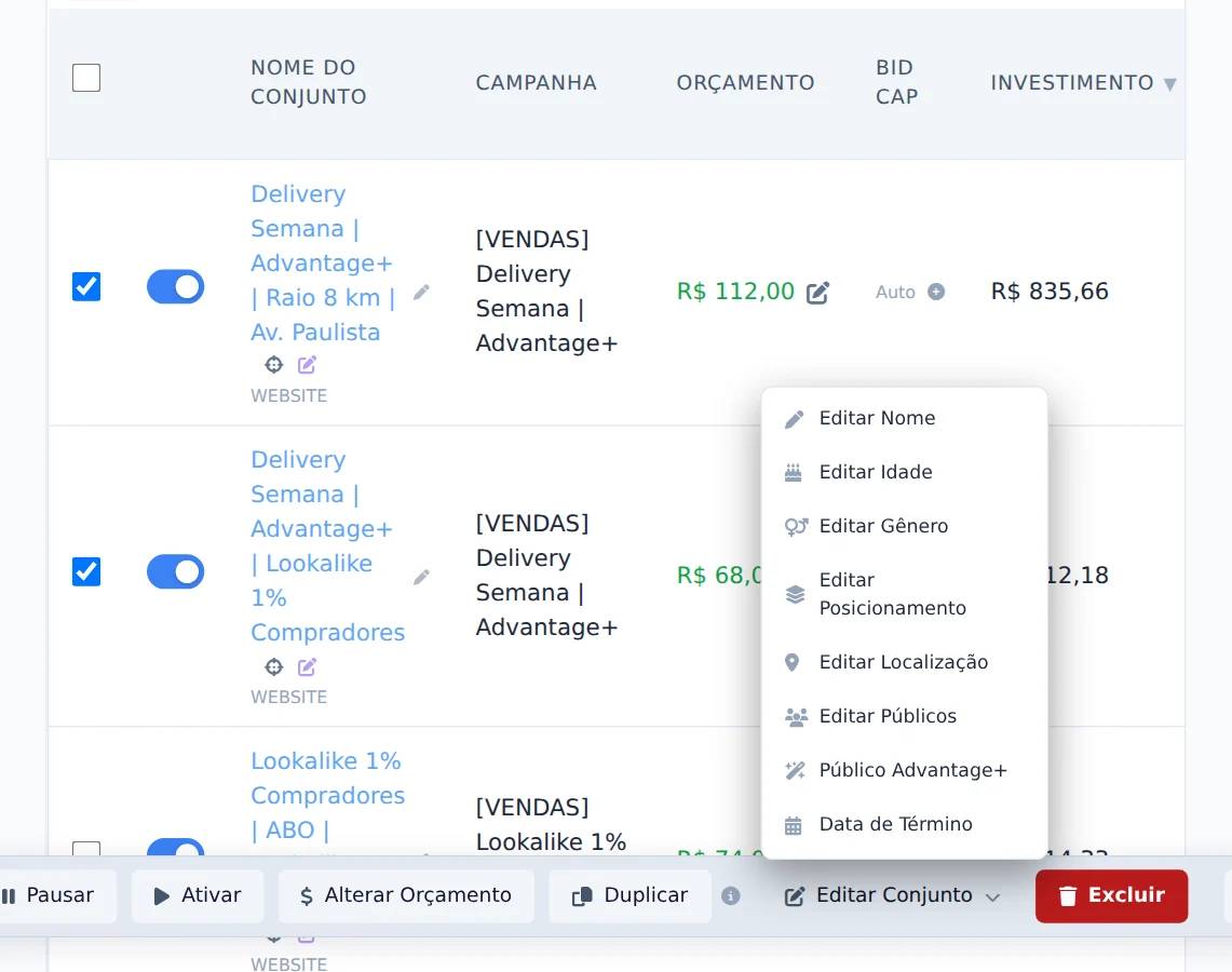 Abra Editar Conjunto