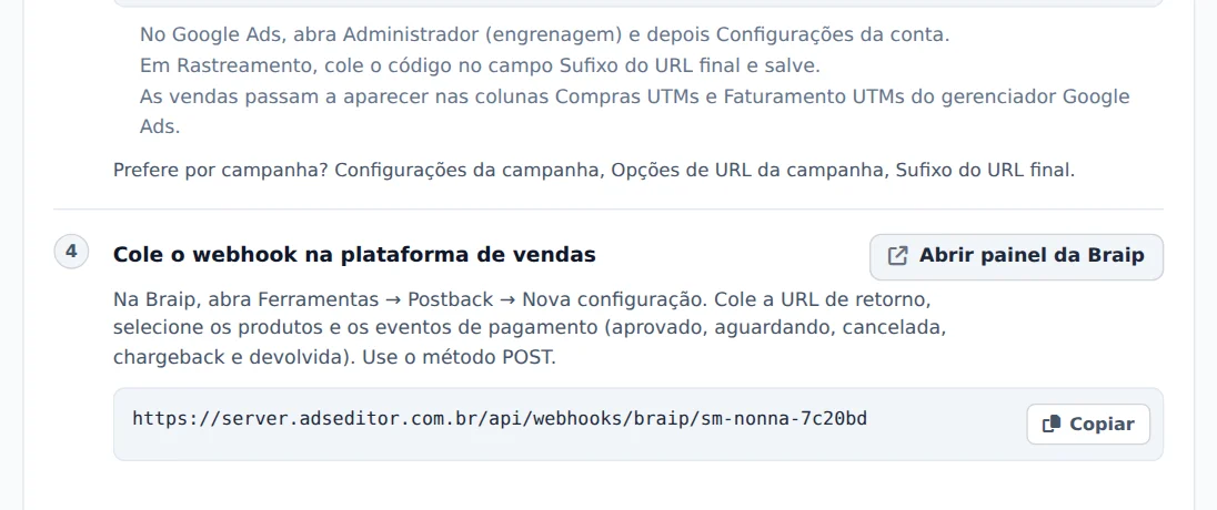 Copie a URL de retorno