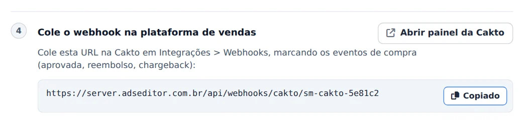 Copie a URL do webhook