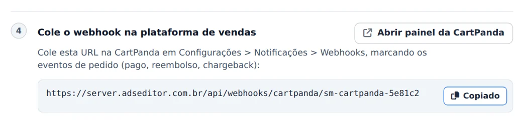 Copie a URL do webhook