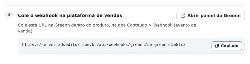 Copie a URL do webhook
