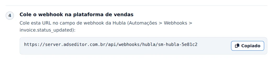 Copie a URL do webhook