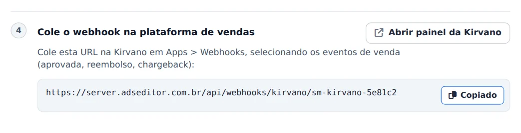 Copie a URL do webhook