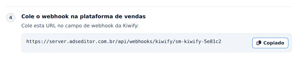 Copie a URL do webhook