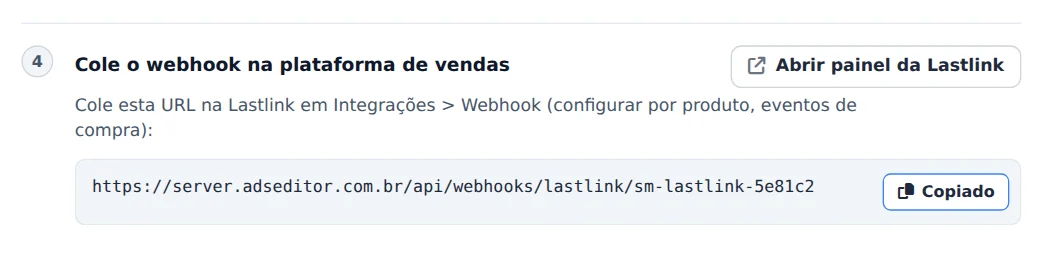 Copie a URL do webhook