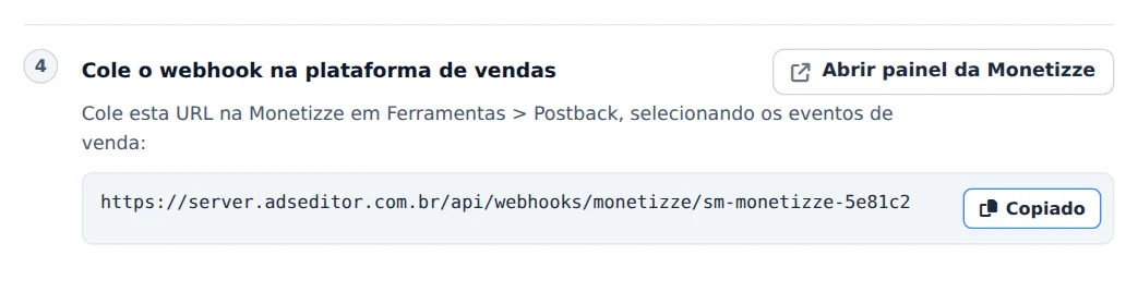 Copie a URL do webhook