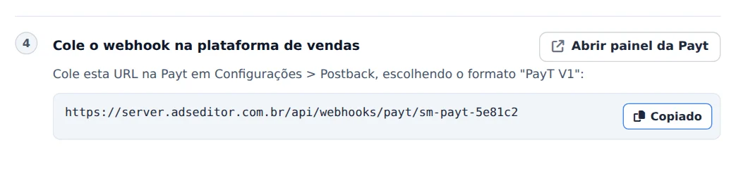 Copie a URL do webhook