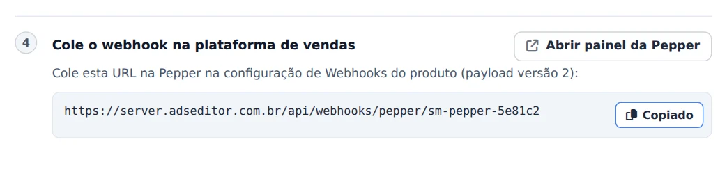 Copie a URL do webhook