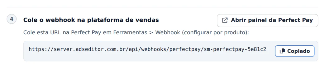 Copie a URL do webhook