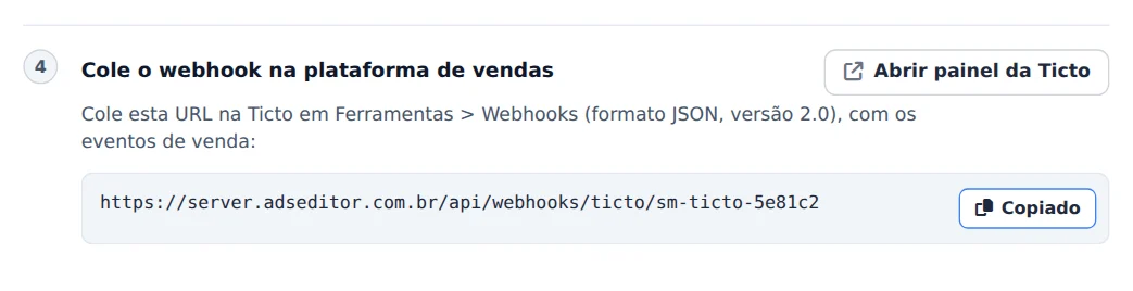 Copie a URL do webhook