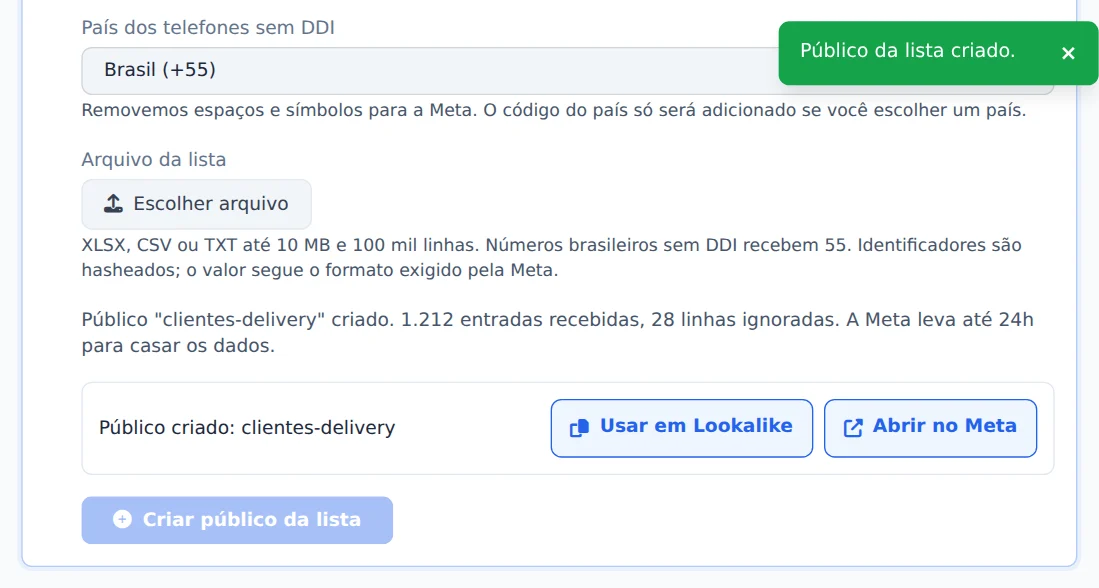 Crie o público da lista