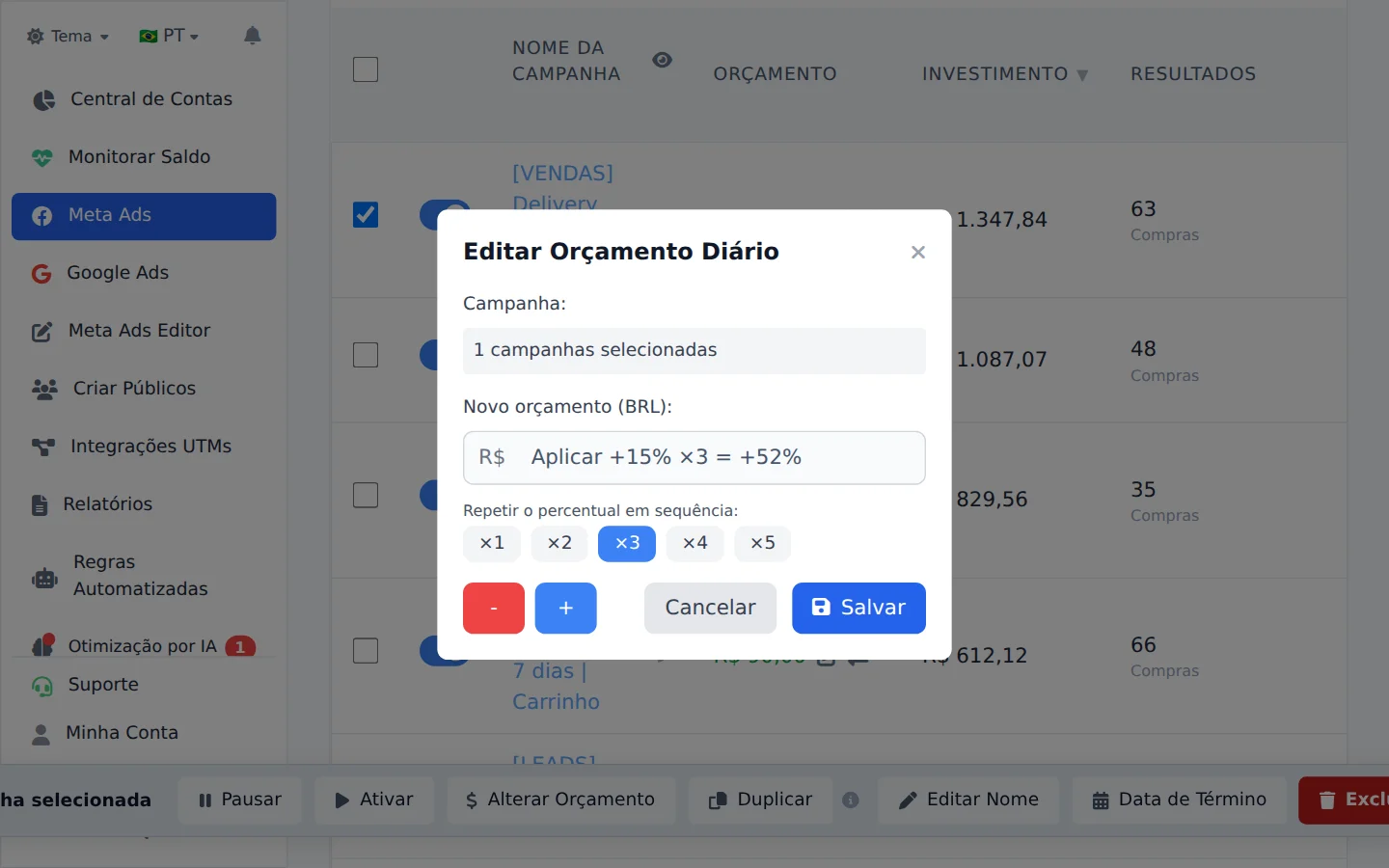 Escolha o percentual e as repetições
