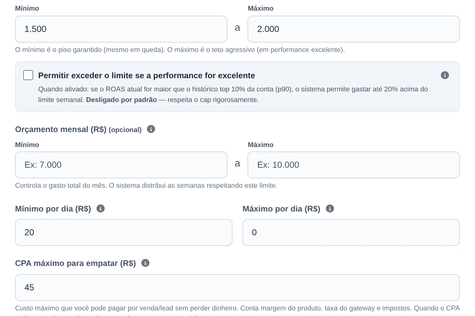 Defina o orçamento e o CPA máximo