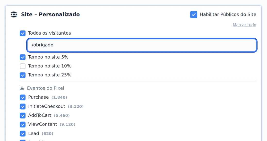Ligue os públicos do site