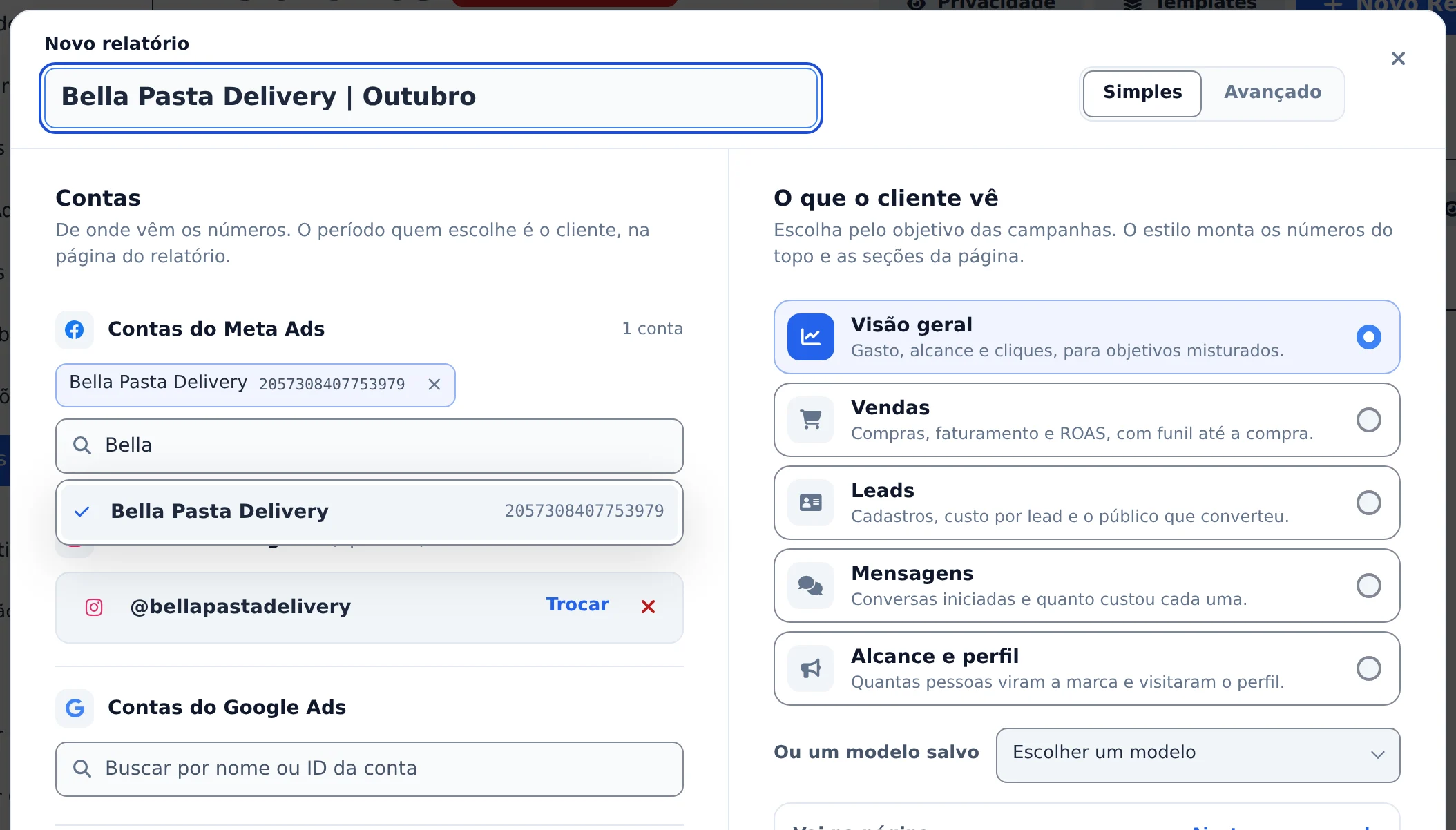 Dê um nome e escolha a conta