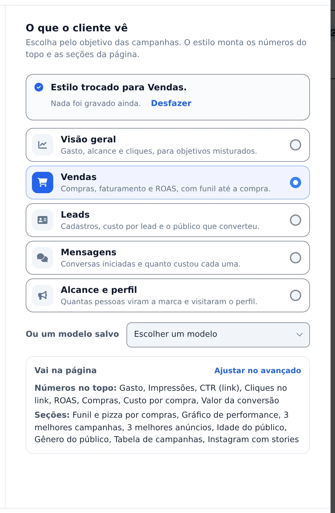Escolha o que o cliente vê
