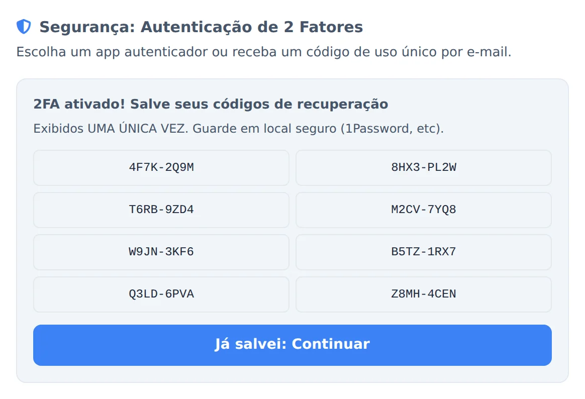 Guarde os códigos de recuperação